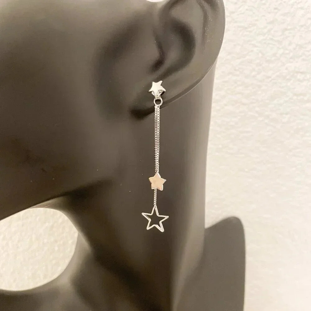 925 Sterling Silver Star Dangle Earrings Long Star Tassel Chain Drop Earrings - Picture 2 of 6